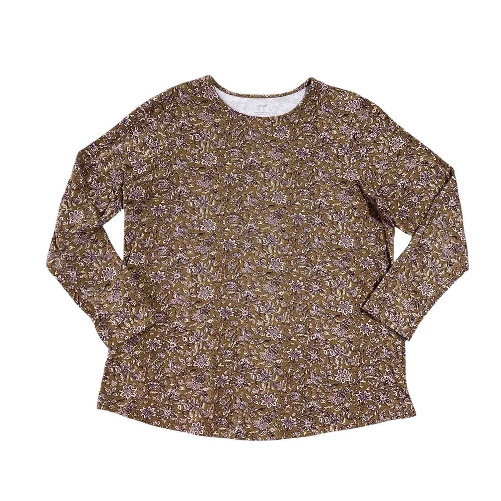 Pure J. Jill Floral Long Sleeve Shirttail Tee L Brown Pima Cotton Casual Boho